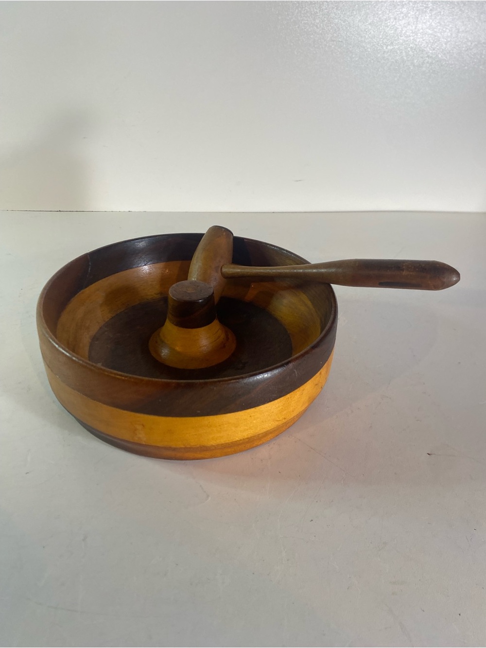 Vintage Nutcracker Set Featuring 2 Tone Staved Teak Bowl & Mallet *Crack*